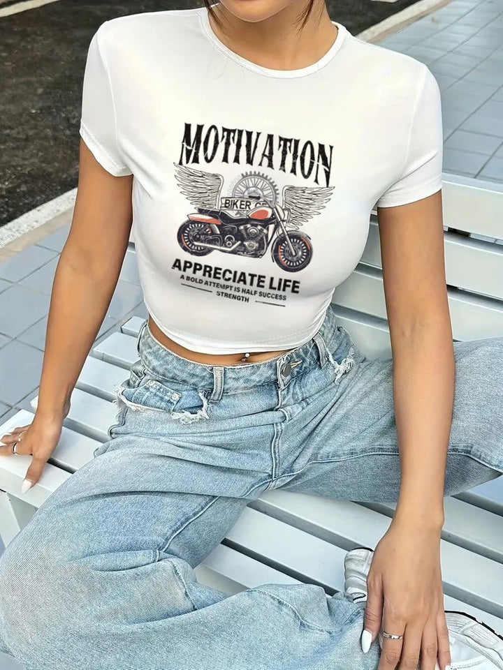 Dame cropped T-shirt med eksklusivt hestemotiv og figurtilpasset snit Skovae