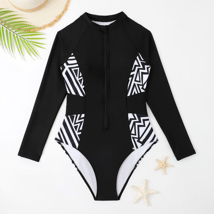 Dame Rashguard badedragt med lynlås og geometrisk design Skovae