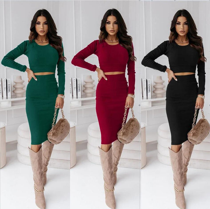 Dame elegant Crop-Top med lange ærmer og Maxi-nederdel Stilla