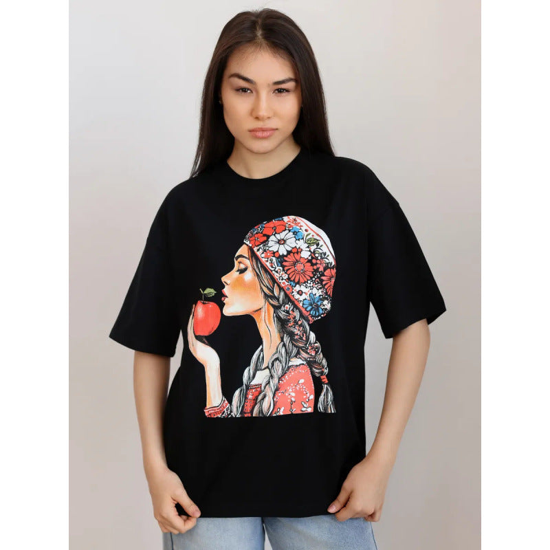 Dame T-shirt med kunstnerisk kvindemotiv og afslappet pasform Stilla