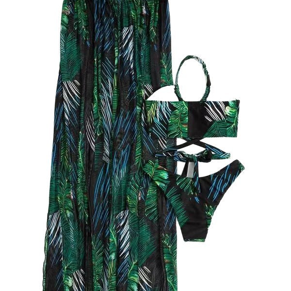 Dame bikini sæt med gennemsigtig strand nederdel og elegant blomster mønster Stilla