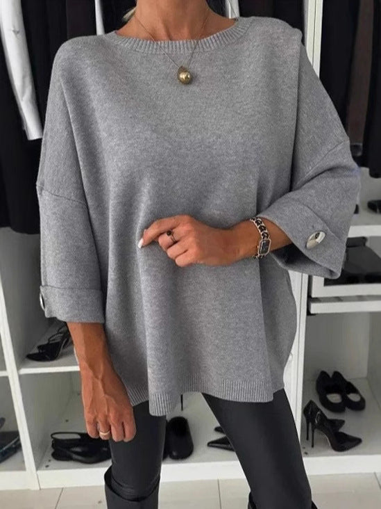 Dame Oversized Strikbluse med fashionable Ærmeopfoldninger Stilla