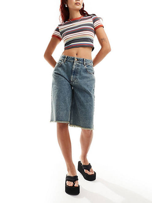 Dame Jeans-Bermudaer med frynset kant og høj talje Stilla