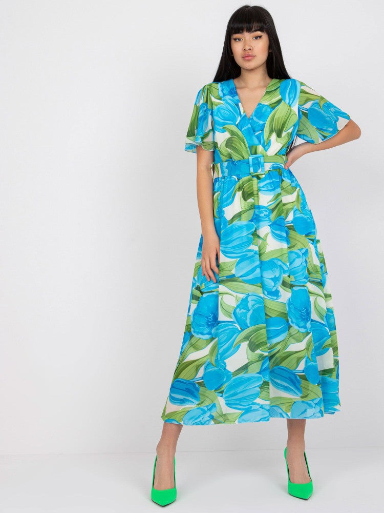Dame Floralprint Midi Kjole med Bælte Talje Stilla