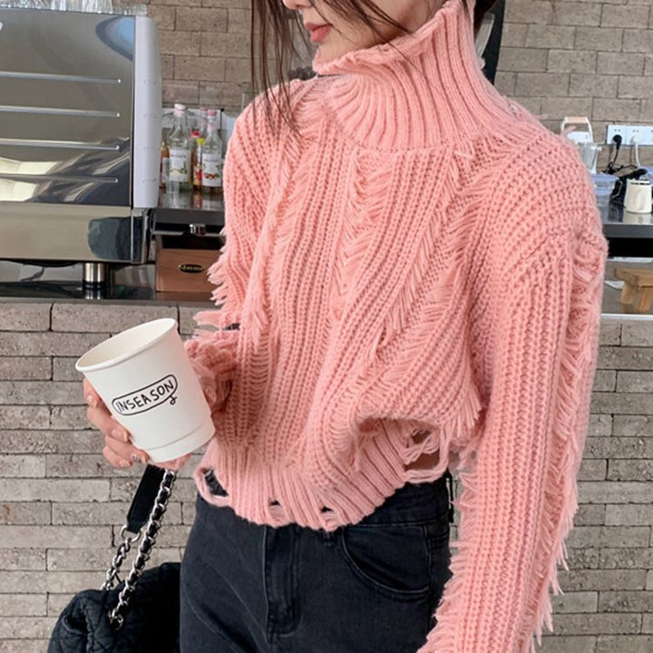 Femme Distressed Chunky Knit Rullekravepullover Stilla