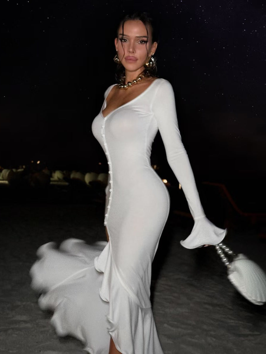 Dame Elegante Langærmet Kjole med Flæsekanter og Knaplukning Stilla