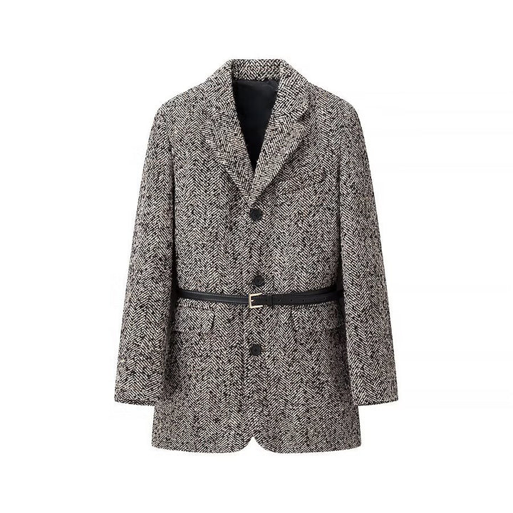 Dame Textureret Houndstooth Blazer med Bælte Talje Stilla