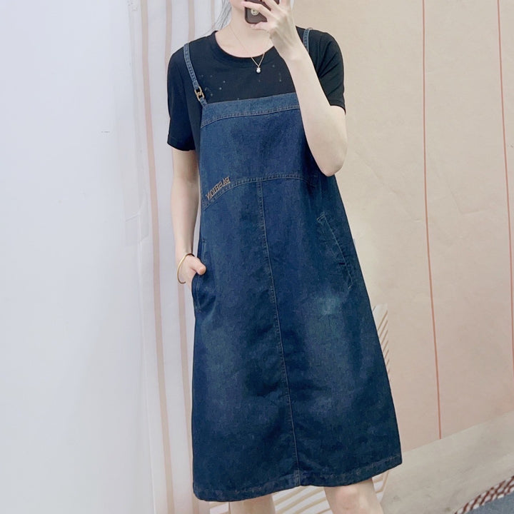 Dame Casual Jeanskjole i kraftig denim stil med praktiske lommer og justerbare stropper Stilla