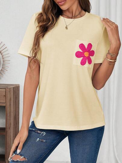 Dame T-shirt med blomstret applikationsmotiv og brystlomme Stilla