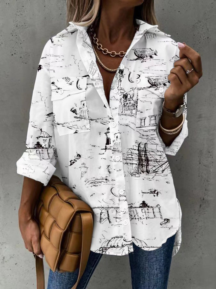 Damebluse med kunstnerisk tryk Stilla