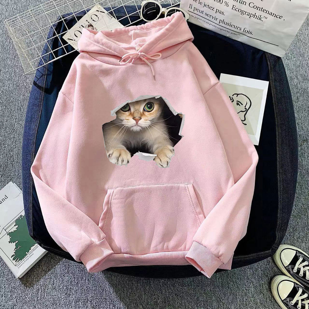 Kvinders hættetrøje med unikt kat design Skovae