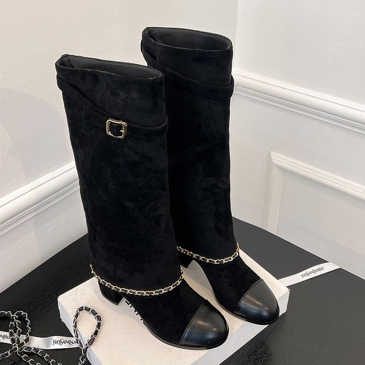 Femme Elegante Over-kneet Suede Blokhæl Støvler med Kæde Detalje Stilla