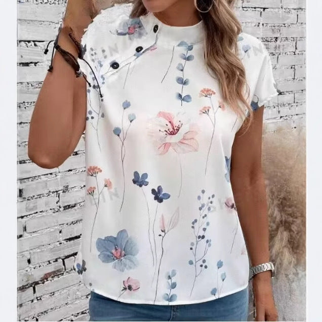 Dame Floral Print Kortærmet Bluse med Knapliste