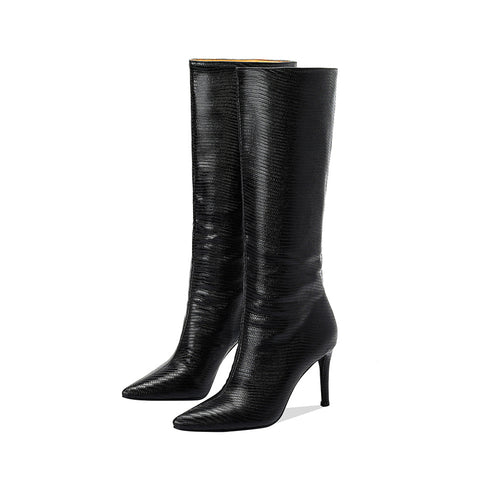 Dame struktureret højglans knæhøje stiletto støvler Stilla