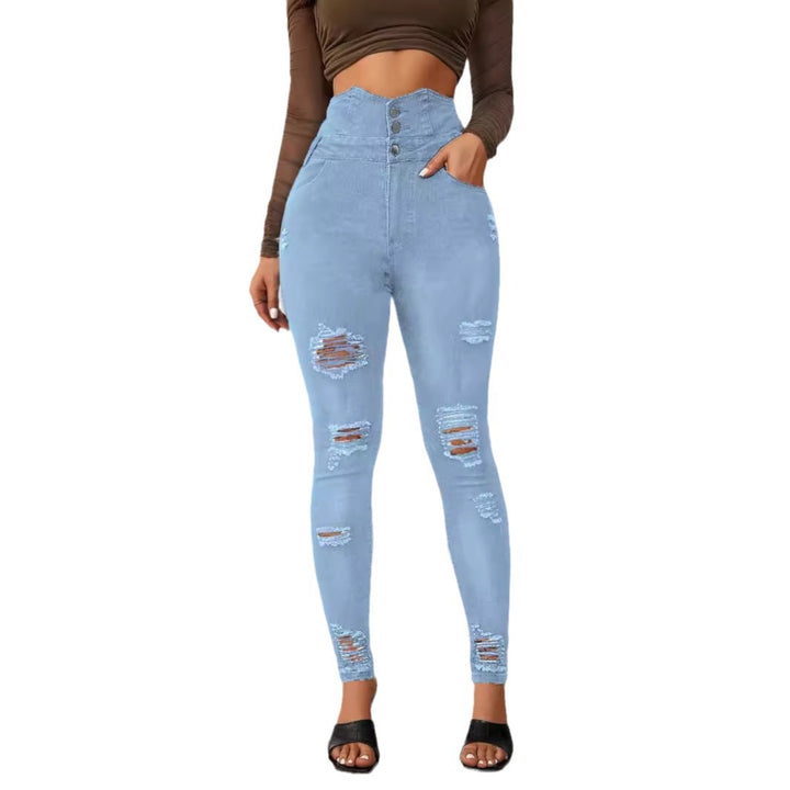 Dame Højtaljede Skinny Jeans i moderne Destroyed-look med knapdetaljer Stilla