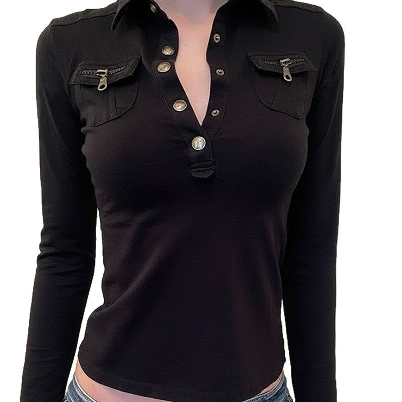 Dame polo shirt med stilfulde lommer og elegante trykknapper Skovae