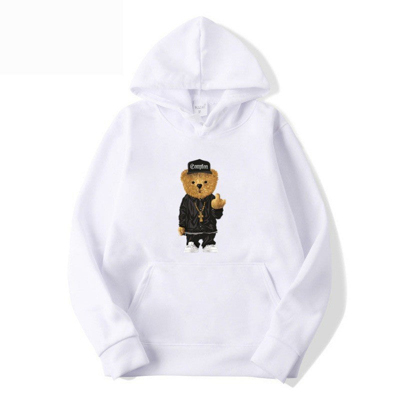 Kvinders hoodie med kunstnerisk bjørnedesign og kængurulomme Skovae