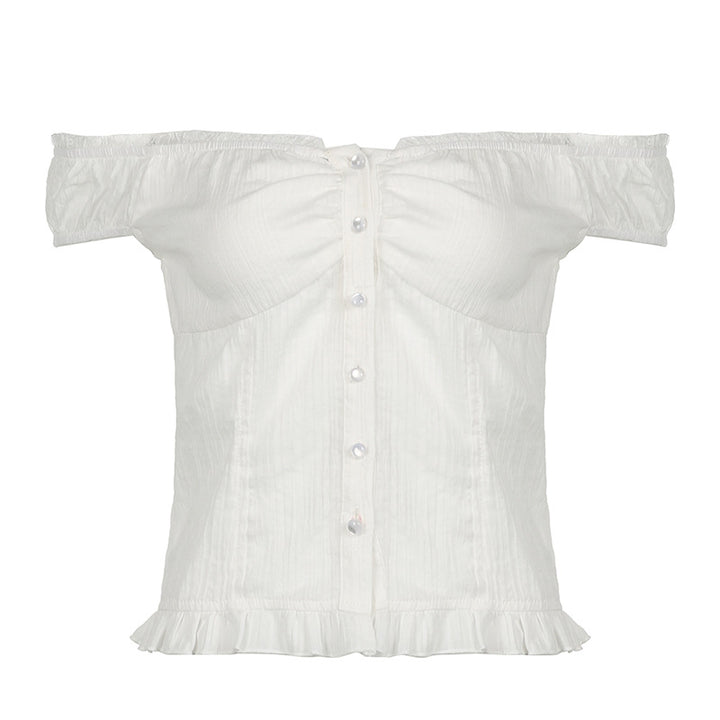 Dame Off-Shoulder Bluse med flæsekanter og knapdetaljer Skovae