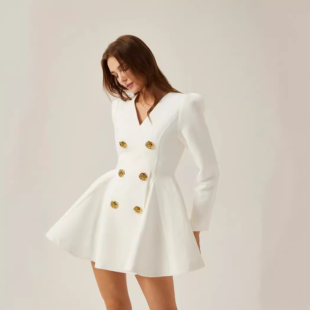 Dame elegant blazer-kjole med dobbelt knaplukning og svingende skørt Stilla