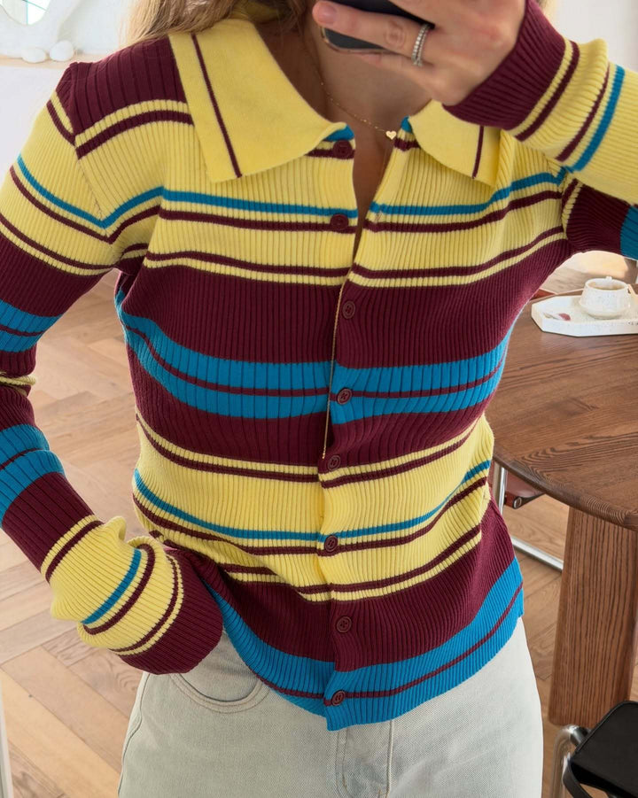 Kvinders ribbet cardigan med brede striber og krave Stilla