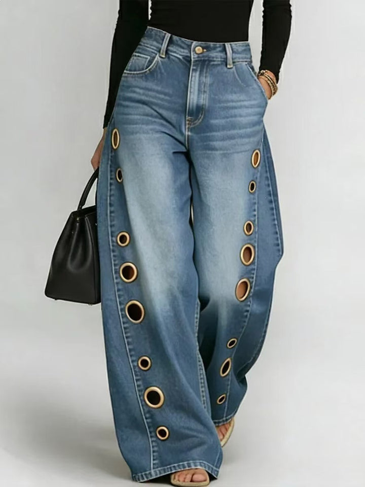 Kvinders brede jeans med dekorative øjer og høj talje Skovae