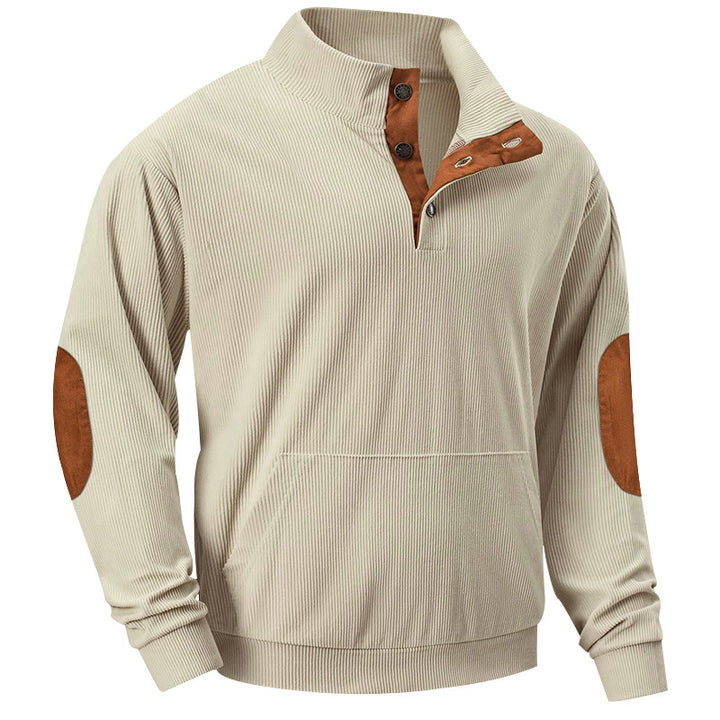 Herrer nan ribbet rullekrave sweater med knaplukning, kengurulomme og ruskindsalbuepatche Skovae