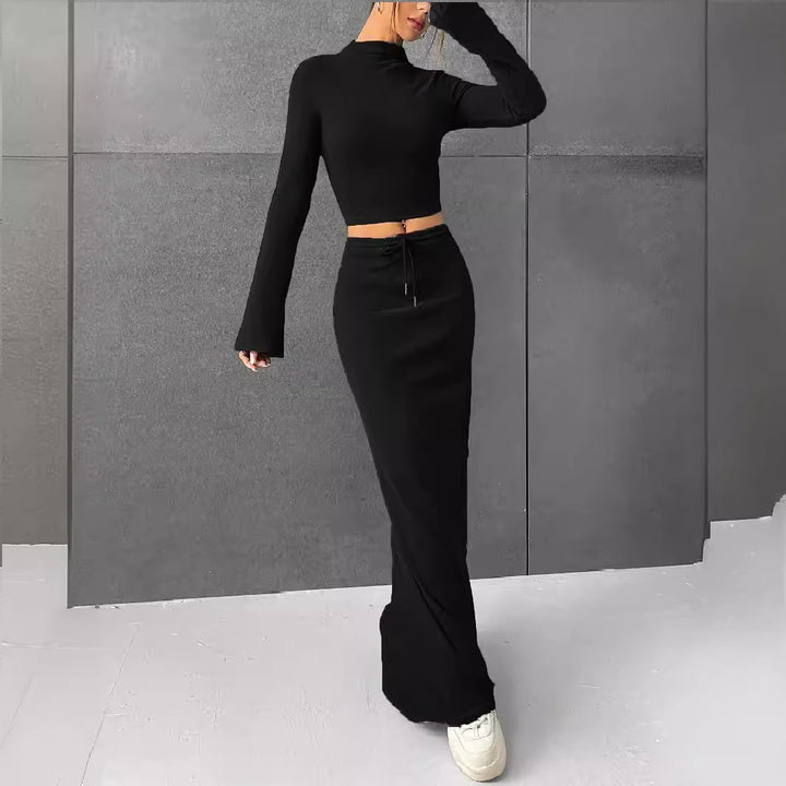 Dame afslappet sæt bestående af crop-top og maxiskørt med bindebælte Stilla