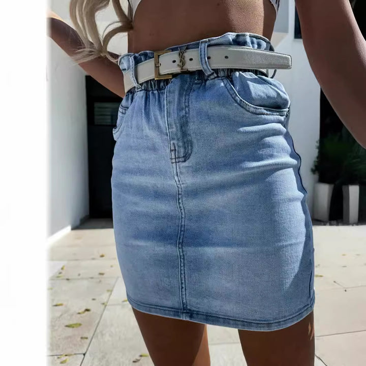Dame denim nederdel med høj talje og moderigtigt bælte Skovae
