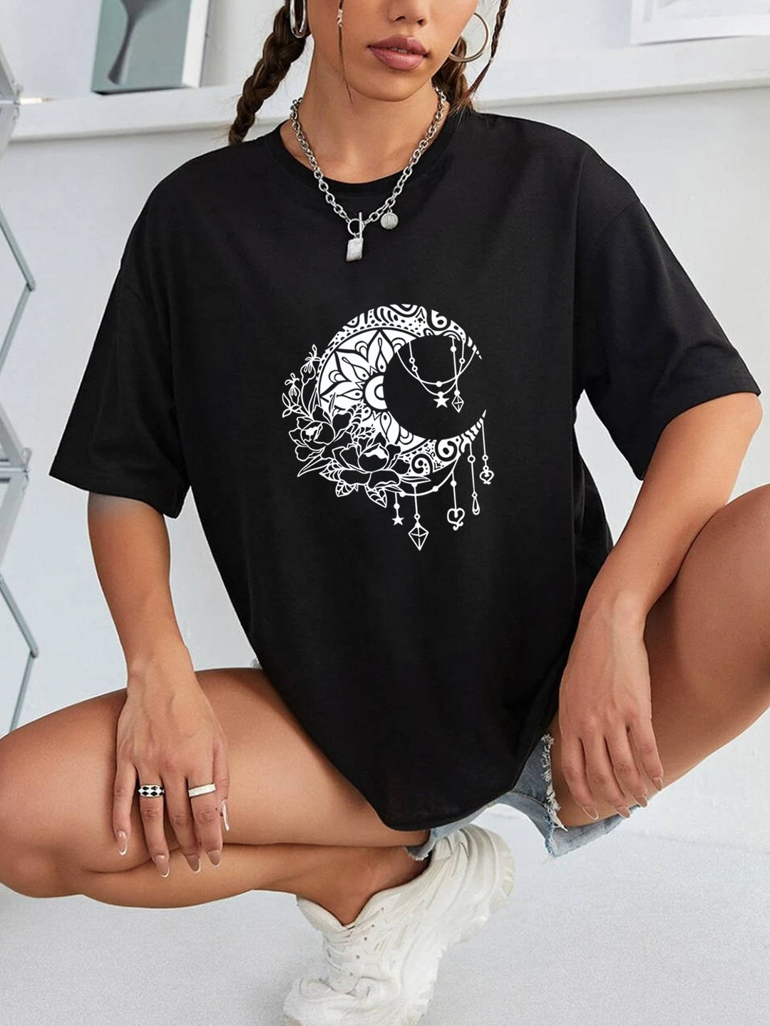 Dame afslappet T-shirt med kreativt månemønster Stilla