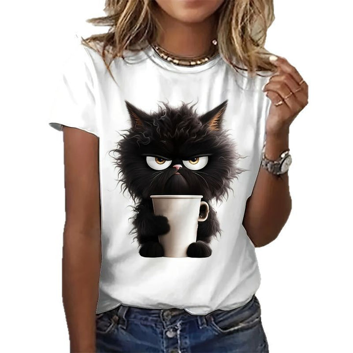 Dame T-shirt med kreativ katteinspireret grafiktryk Stilla