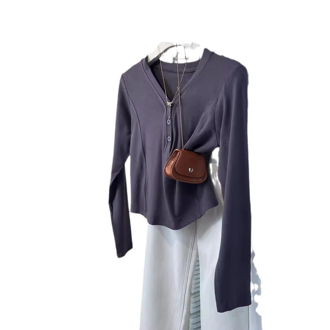 Femme Stilfuld Langærmet Knap-Henley- Top Stilla