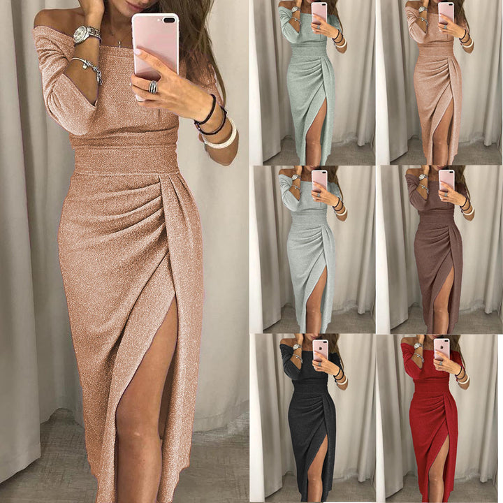 Dame Glinsende Off-Shoulder Aftenkjole med Høj Slids og Drapering Stiila