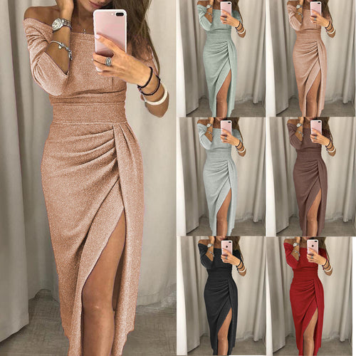 Dame Glinsende Off-Shoulder Aftenkjole med Høj Slids og Drapering Stiila