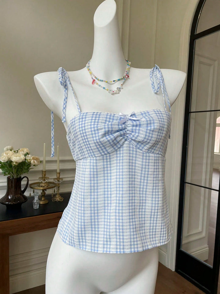 Dame Crop-Top med legende bundet stropper og ternet mønster Skovae