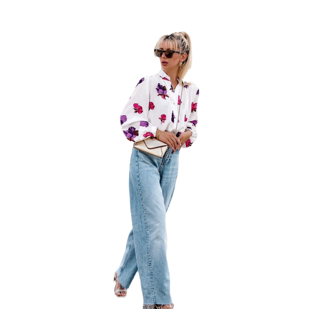 Dame elegant bluse med blomster mønster og legende flæser Stilla