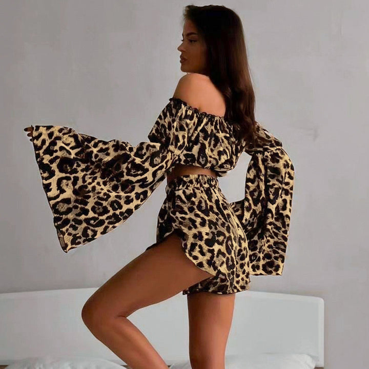Dame Offshoulder Crop-Top med vidt ærme og leopardmønster Skovae