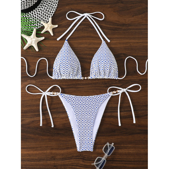 Dame triangel-bikini med justerbare bindebånd og fint hulmønster Stilla