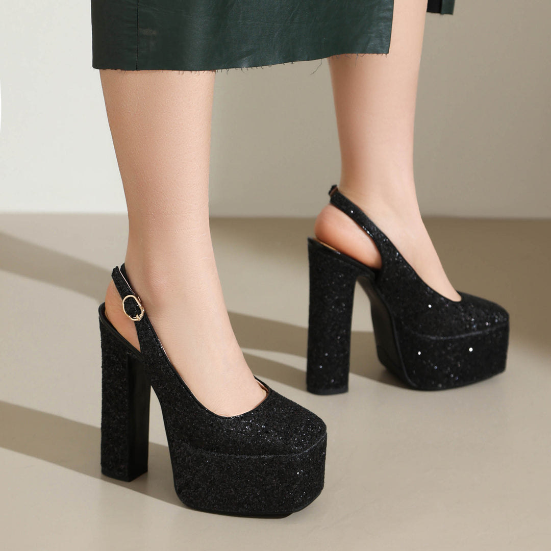 Femme Glitrende Plateau-Highheels med Ankelsløjfe-Detajle Stilla
