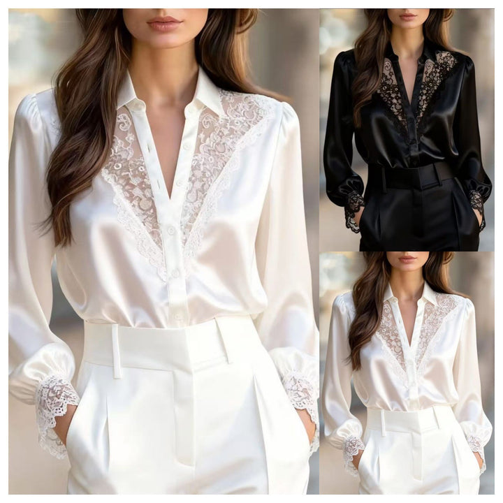 Dame elegant bluse med romantiske spidsdetaljer Skovae