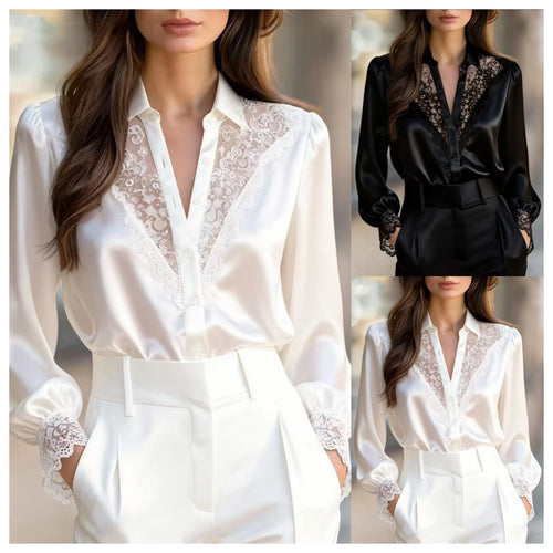 Dame elegant bluse med romantiske spidsdetaljer Skovae