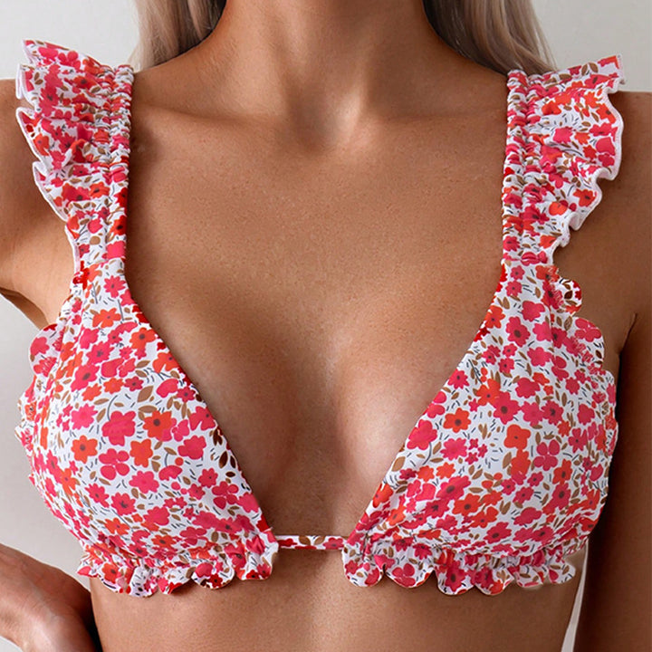 Dame triangle-bikini med ruffle-detaljer og højt skåret trusse Skovae