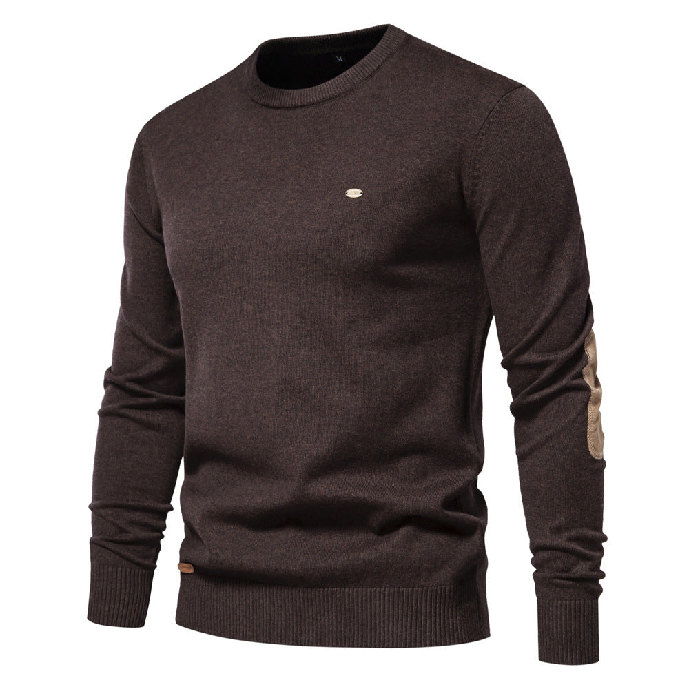 Herrer Rundhals Pullover lavet af fin bomuld med elegante albuepatches Stilla