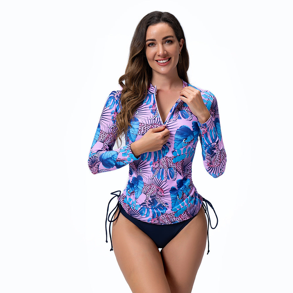 Dame Rashguard med fuld lynlås og fashionable plante mønstre Stilla