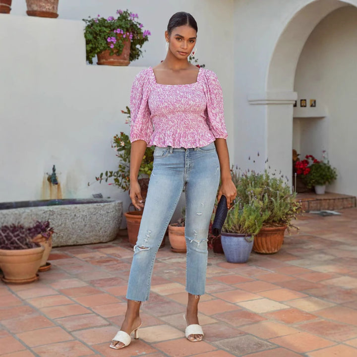 Dame Puffærmet Smocked Top Stilla