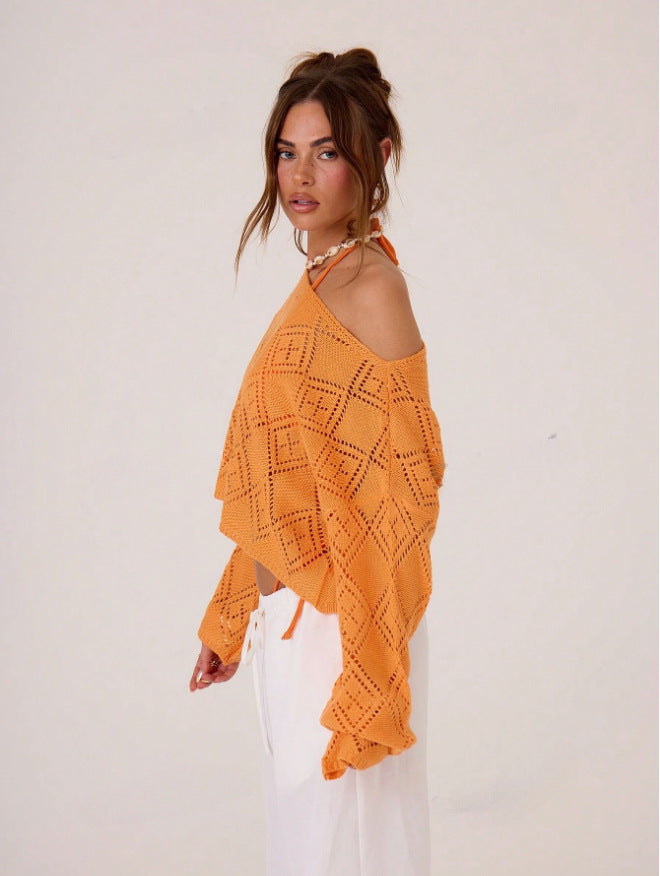 Dame luftig strikpullover med asymmetrisk design og fint mønster Stilla