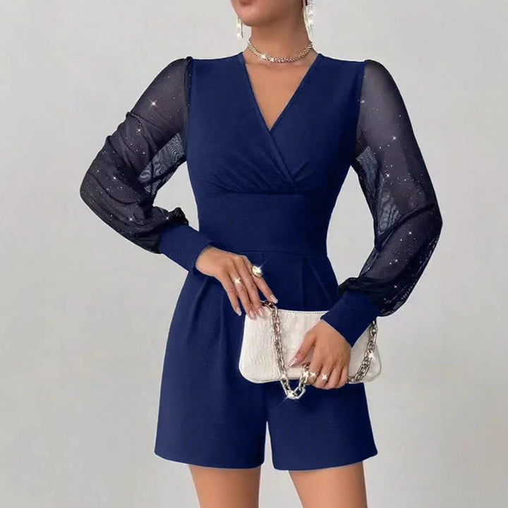 Dame elegant jumpsuit med gennemsigtige pufærmer og V-udskæring Skovae