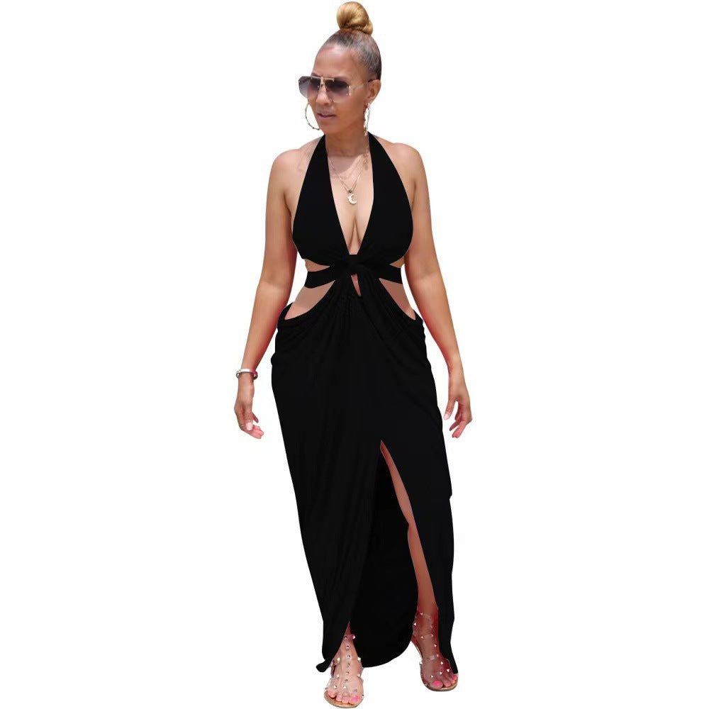 Dame højhalset cut-out maxikjole med elegant V-udskæring og raffineret drapering Stilla