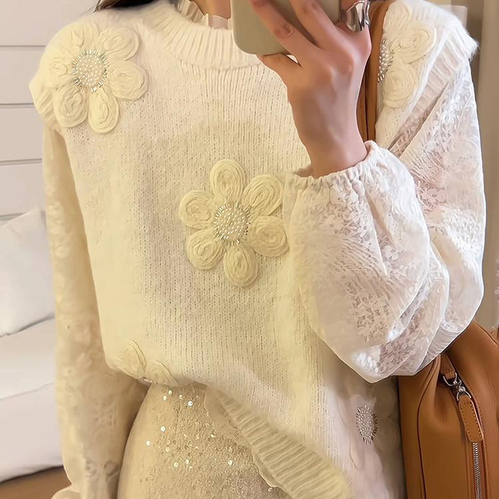 Kvinders strikket pullover med blomsterapplikationer og struktureret overflade Stilla