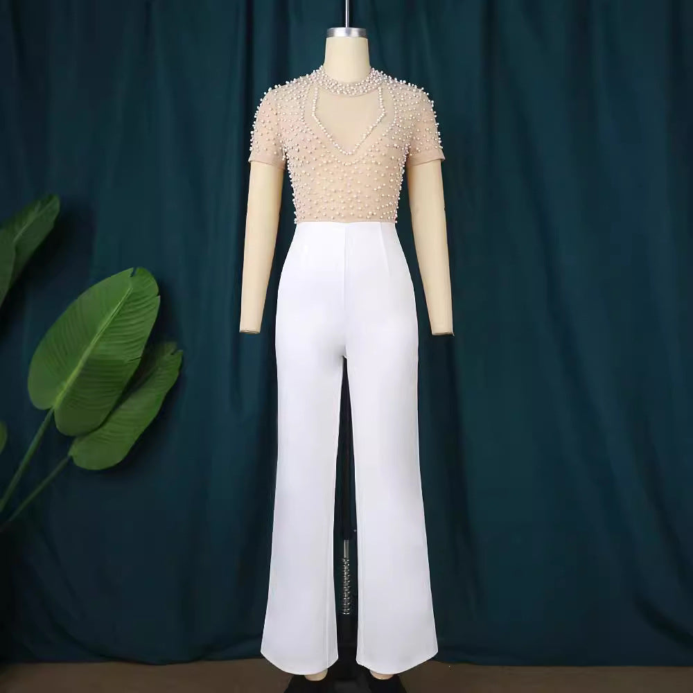 Dame elegant jumpsuit med glimrende perle detaljer Skovae