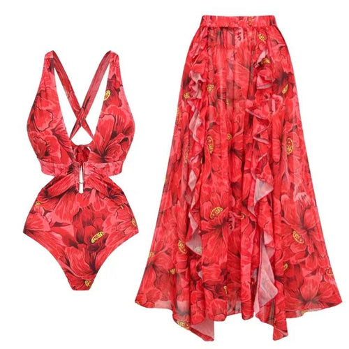 Femme Floral Print Badedragt-Sæt med gennemsigtig lagdelt Nederdel Stilla